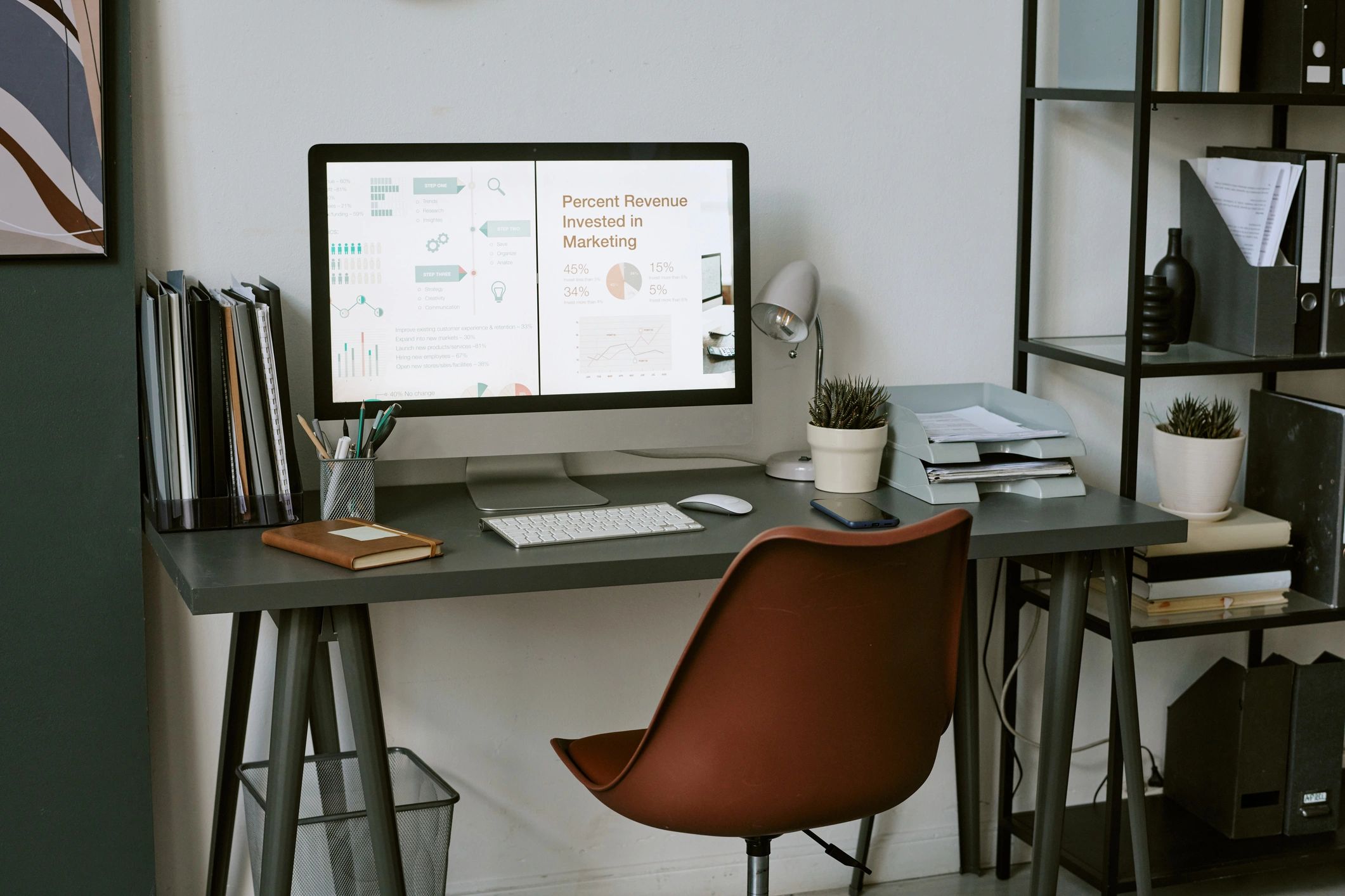 Workspace displaying analytics dashboard on a desktop monitor